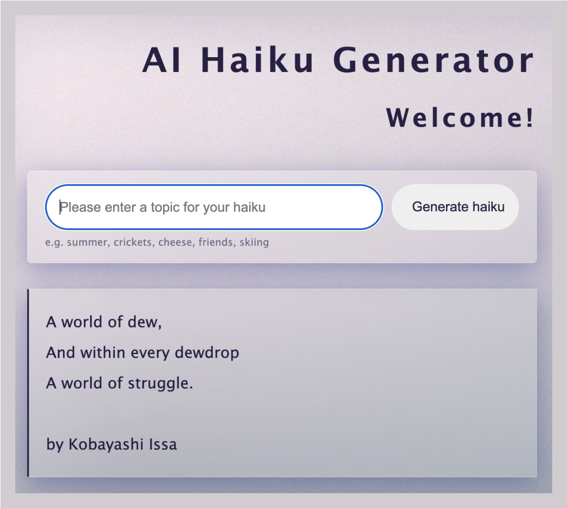 A preview of the AI Haiku Generator which includes a form to input your haiku topic, a few topic suggestions and a famous haiku by Kobayashi Issa for inspiration